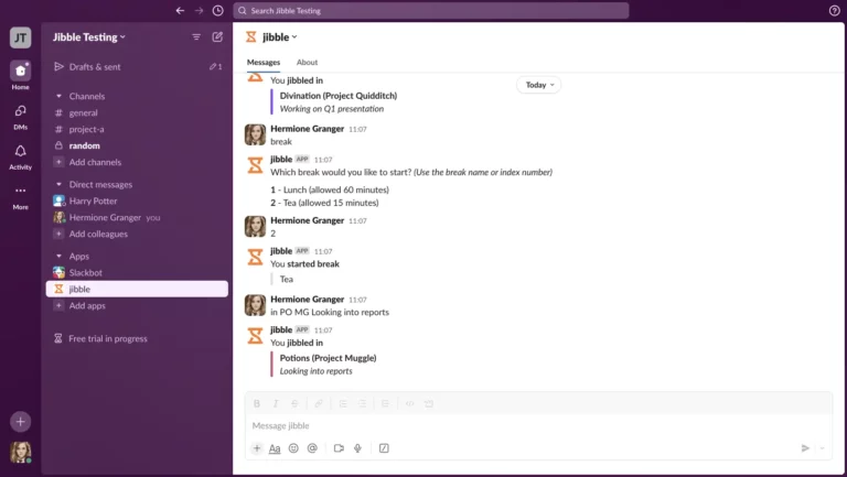 Using Jibble in Slack to track time