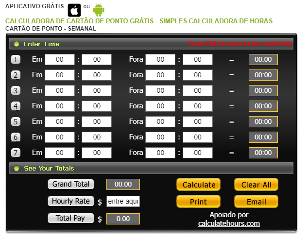 A calculadora de cartões de ponto do CalculateHours
