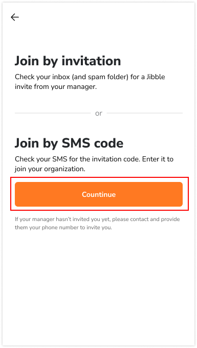 Clicando em continuar para entrar em uma organização via código SMS