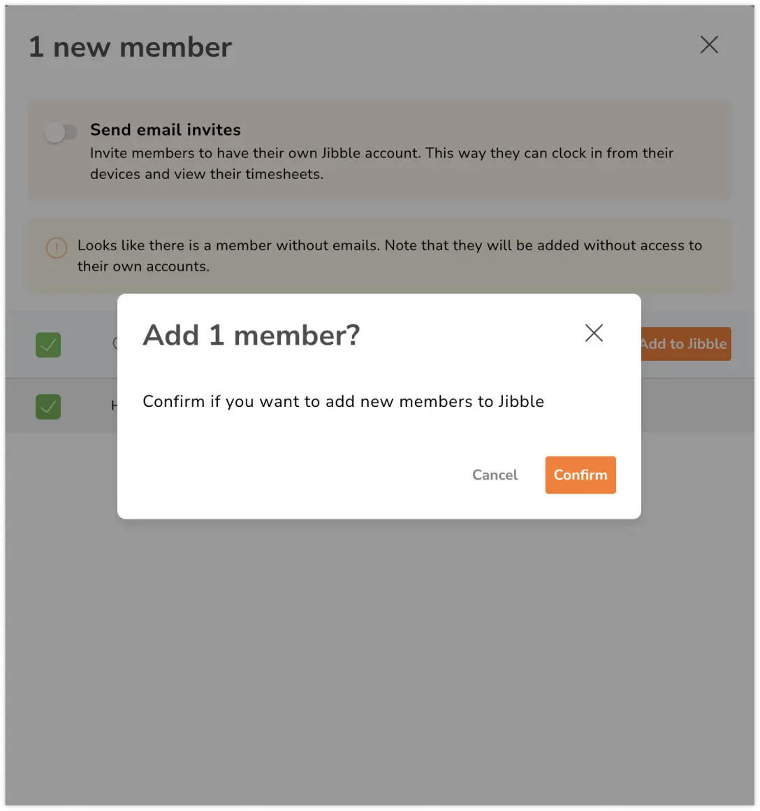 Confirming member addition from Xero to Jibble