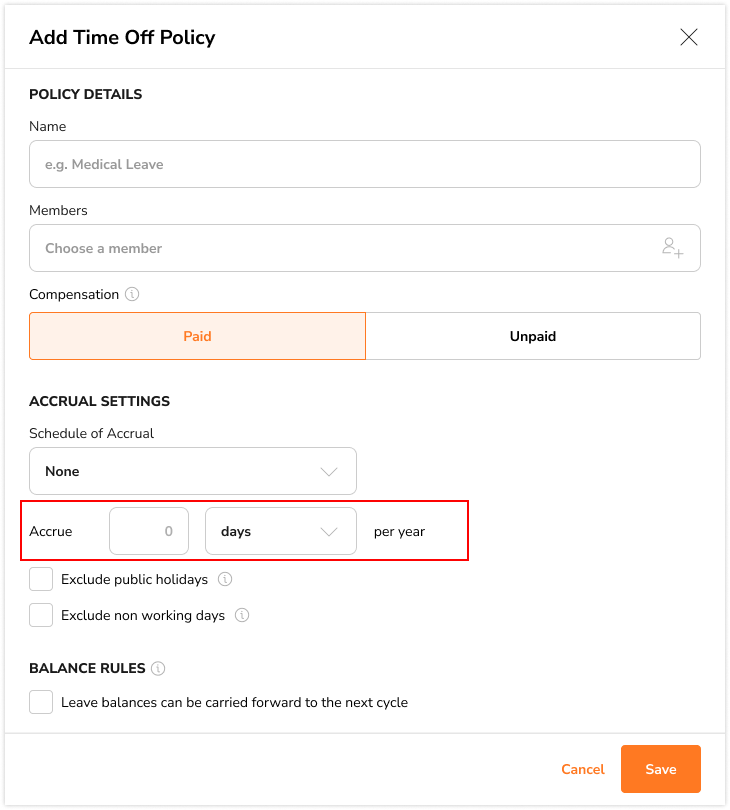 Setting up entitlements of leave for no accrual scheudule