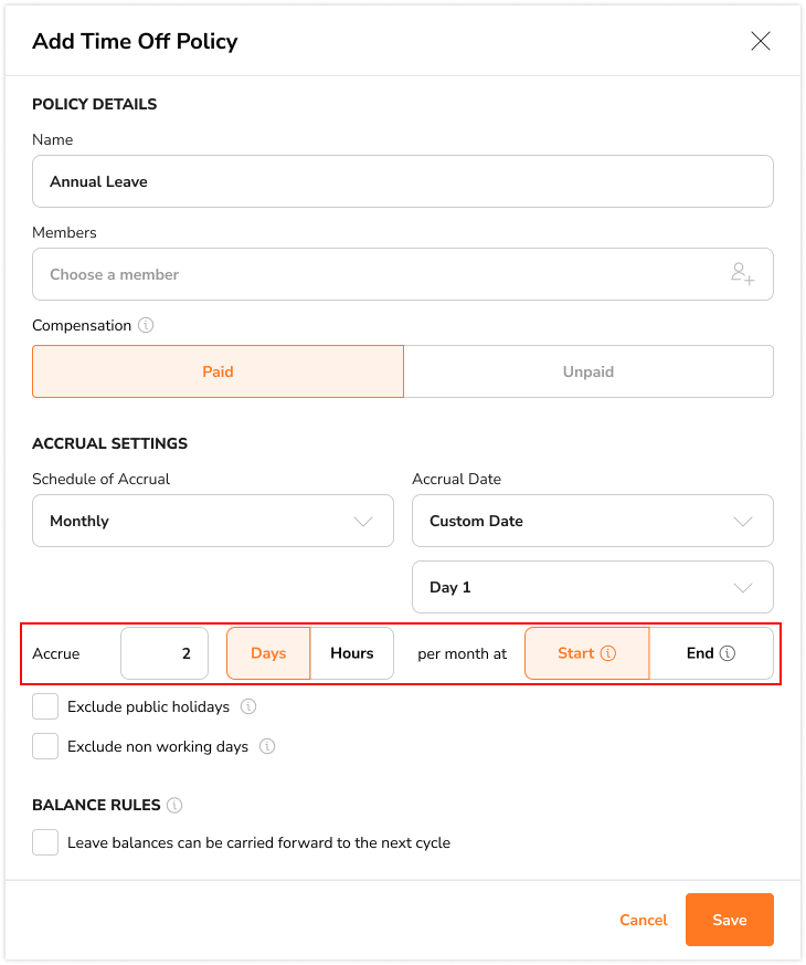 Entering an entitlement amount and selecting settings