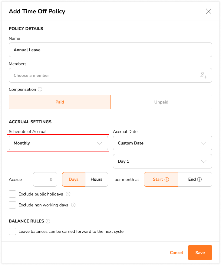 Selecting monthly schedule of accrual