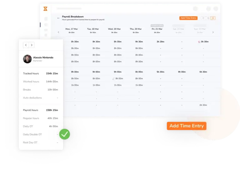 An overview of the timesheets with calculated hours and minutes on Jibble.