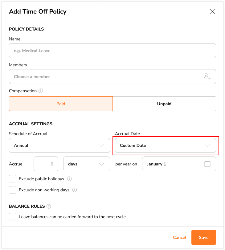 Selecting custom date or join date for accrual date