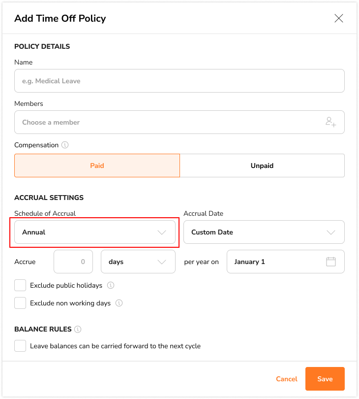 Selecting an annual accrual schedule