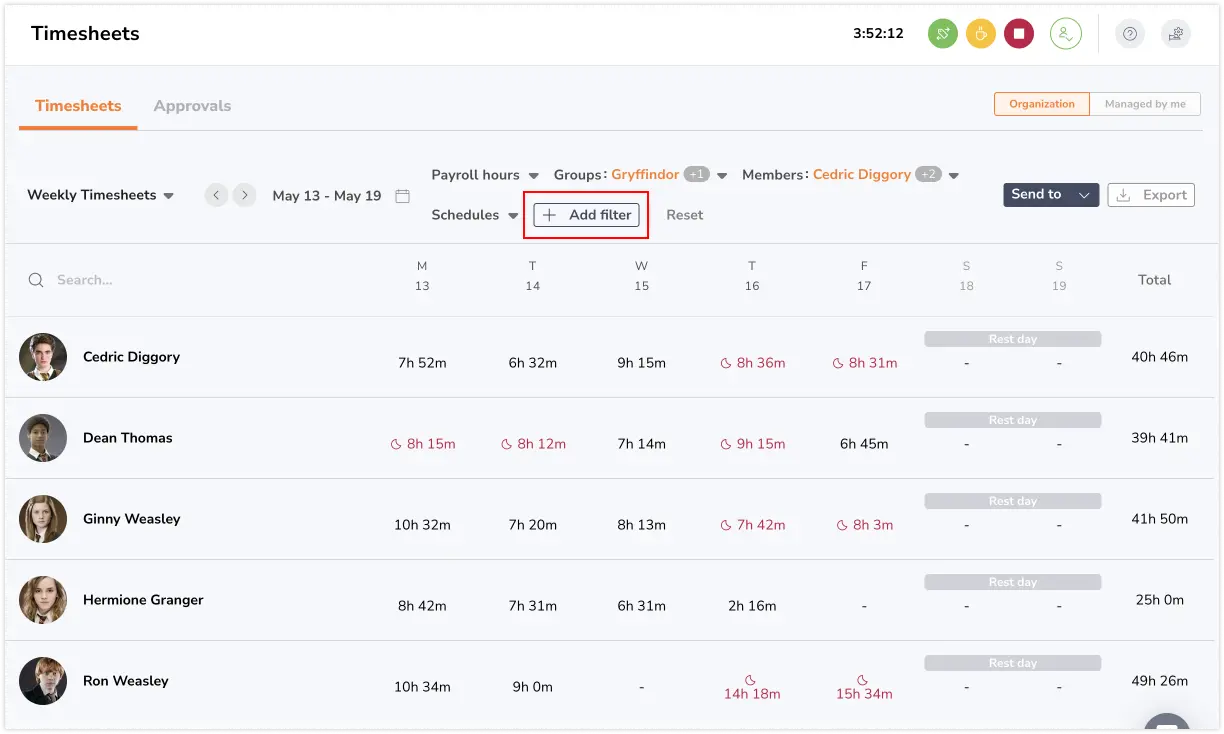 Adding more filters to timesheets