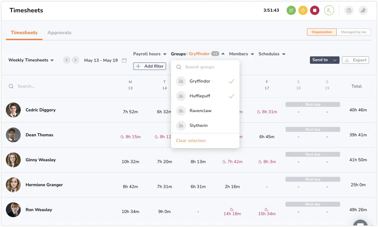 Applying filters to timesheets on the web app