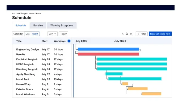 An overview of the Buildertrend scheduling feature. Image credits to Buildertrend.