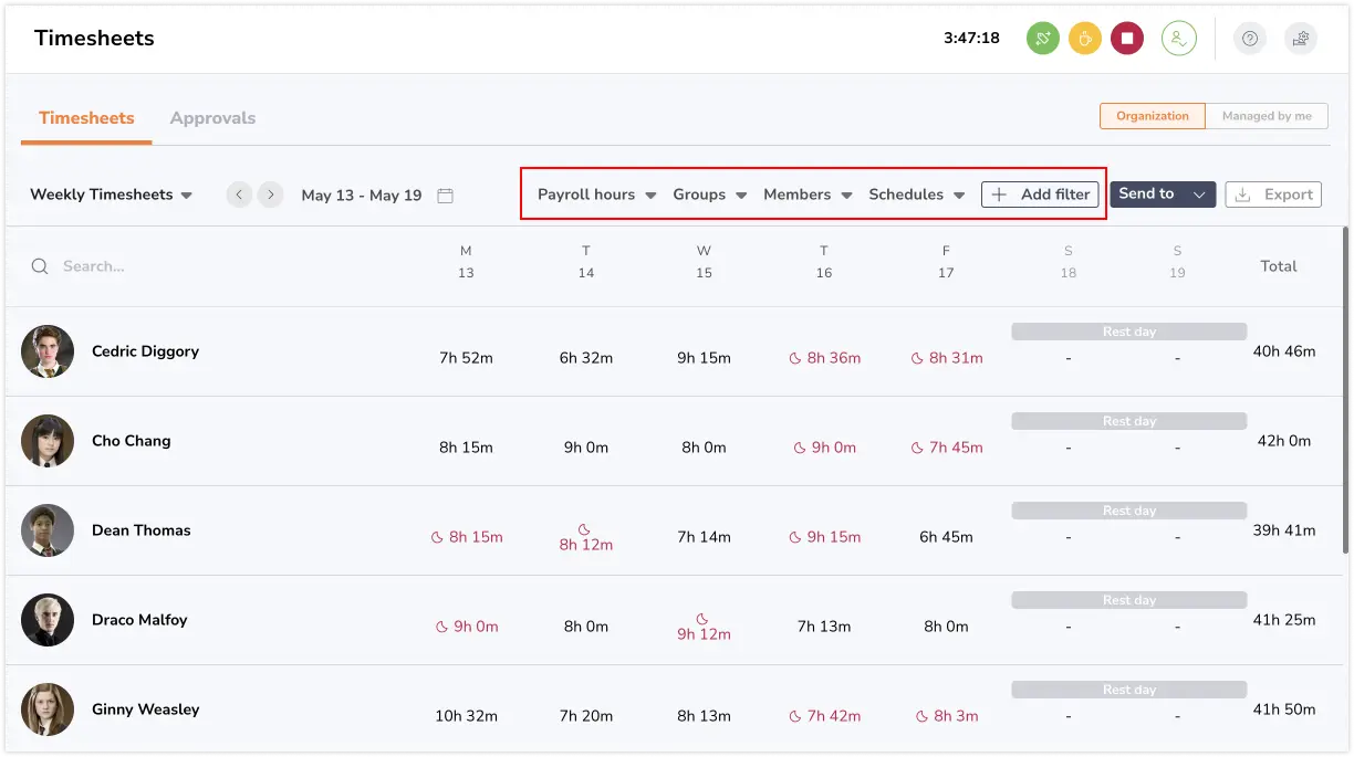 Filter options on timesheets on the web app