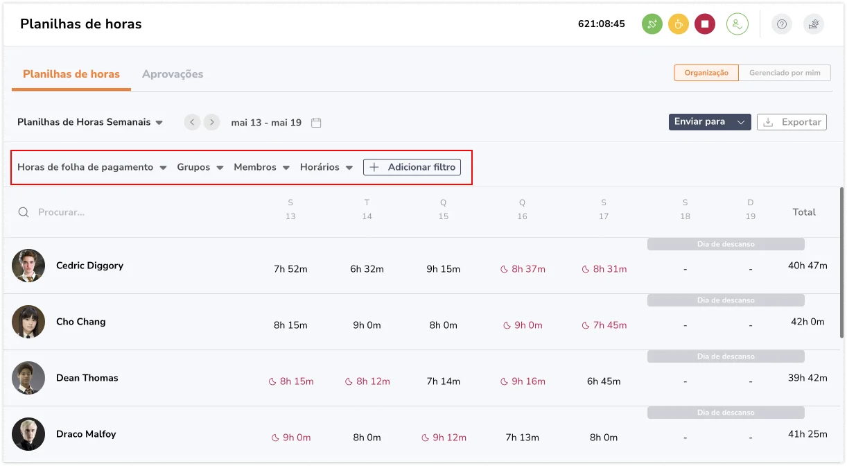 Filtering timesheets on web