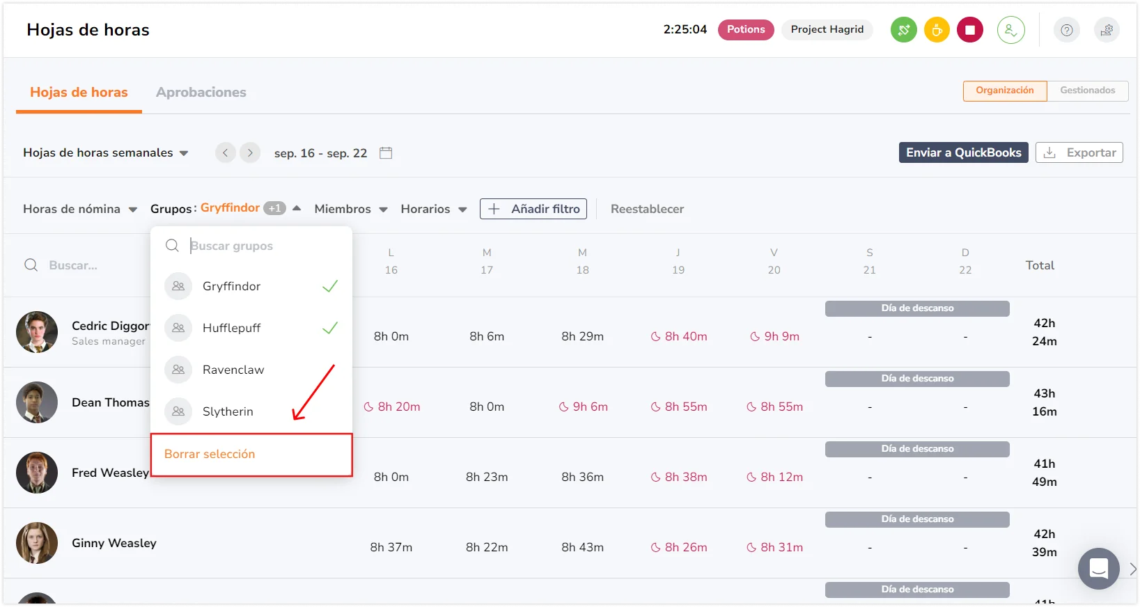 "Clear Selection" button on filters on timesheets page