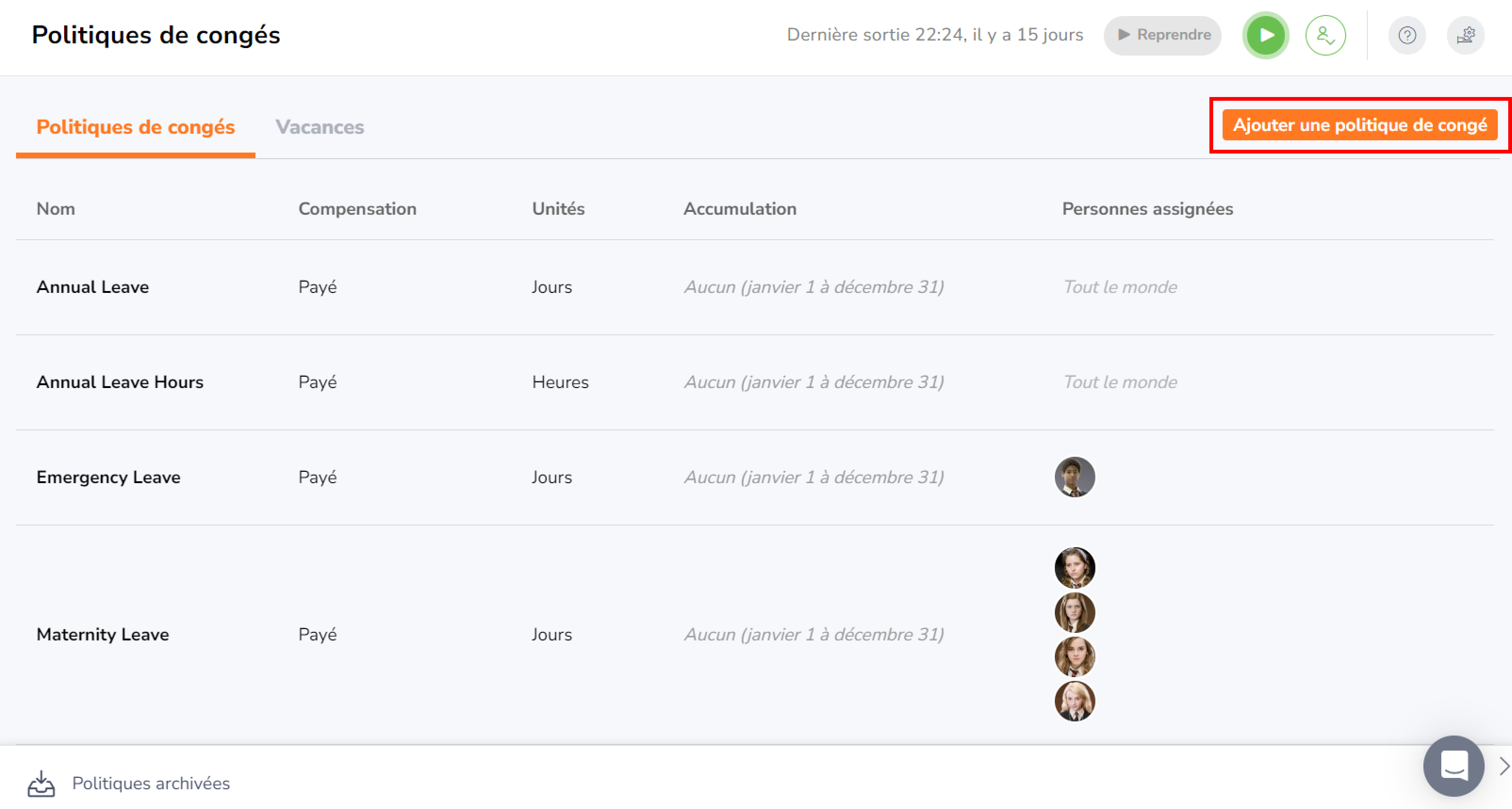 Ajouter une politique de congés