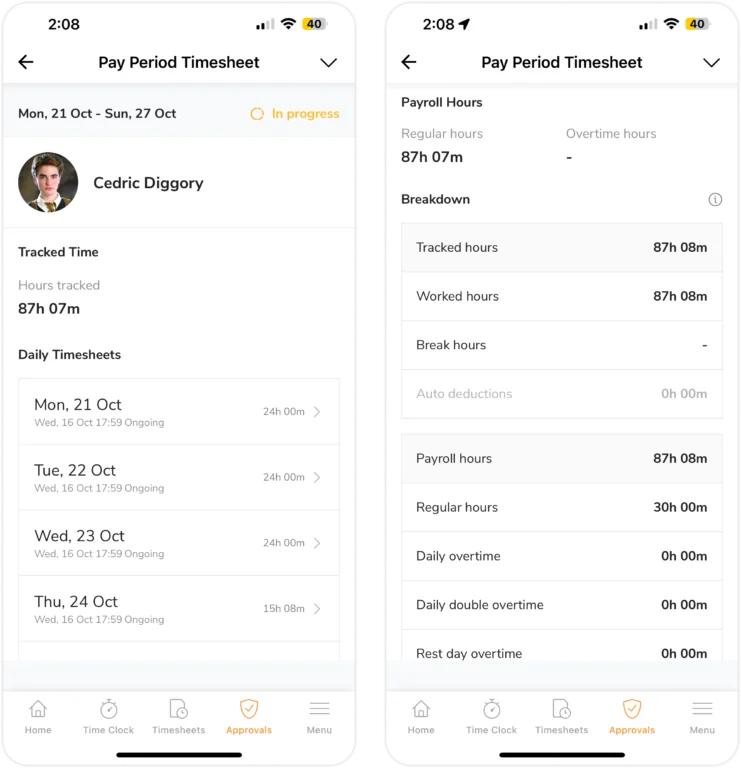 viewing members pay period timesheet breakdown on mobile