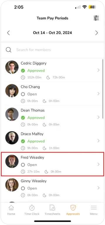 approving members pay period timesheet on mobile