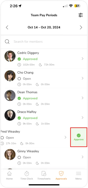 swipe to approve members pay period timesheet on mobile