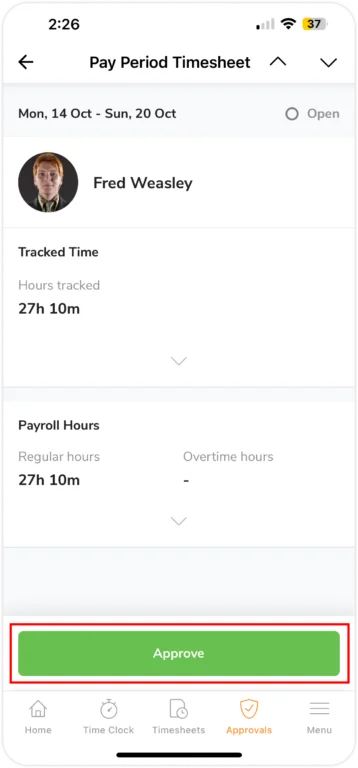 approving members pay period timesheet on mobile