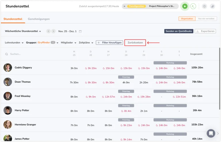 Reset timesheet filters