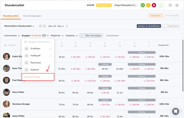 Timesheet clearing group filter