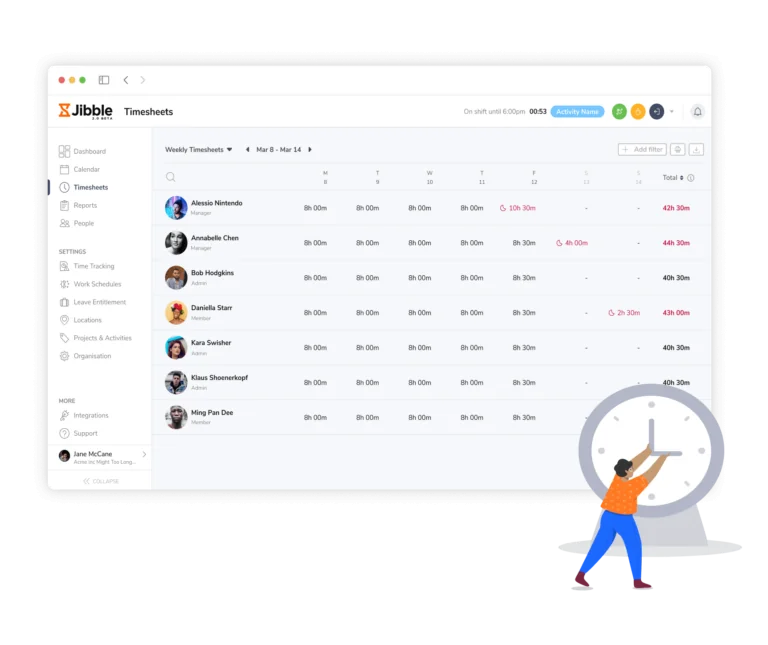 An overview of timesheets on Jibble.