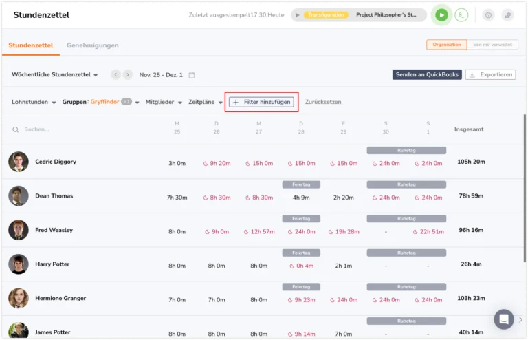 Timesheet adding filters