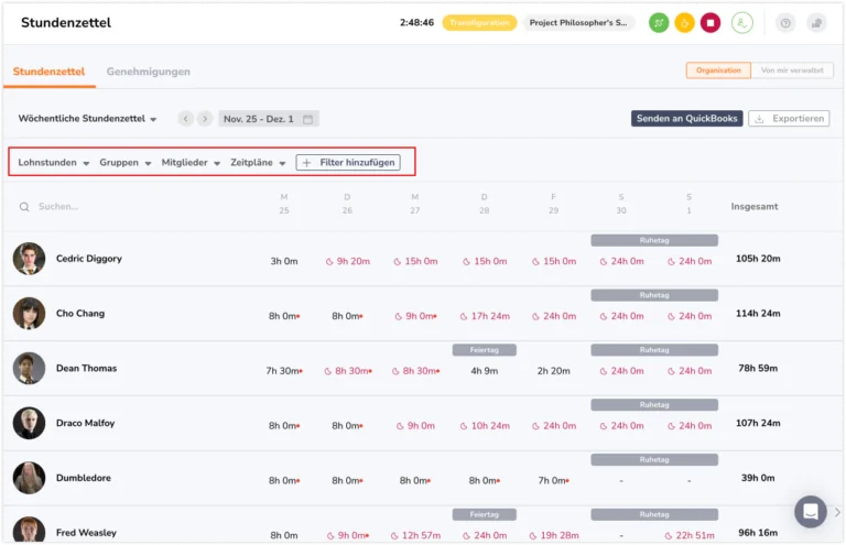 Timesheet filters