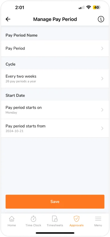 Setting up a new pay period on mobile