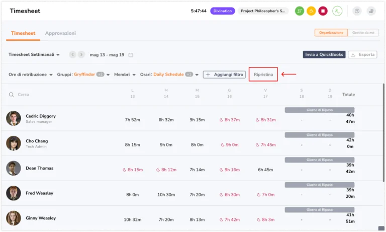 Timesheet clearing all filters