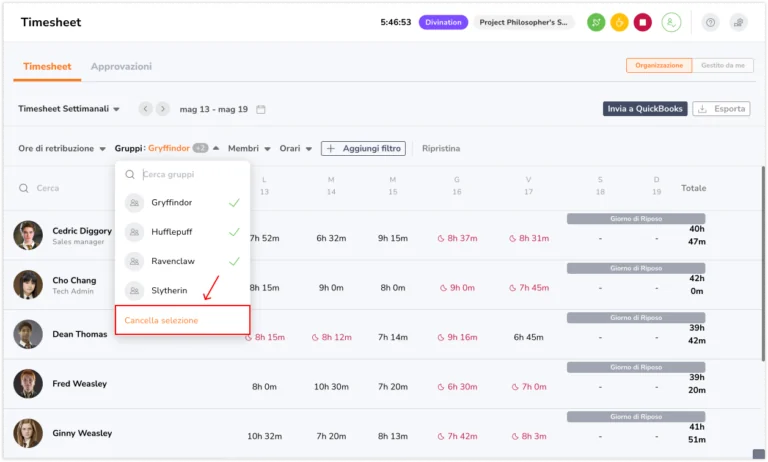 Timesheet clear filter selection