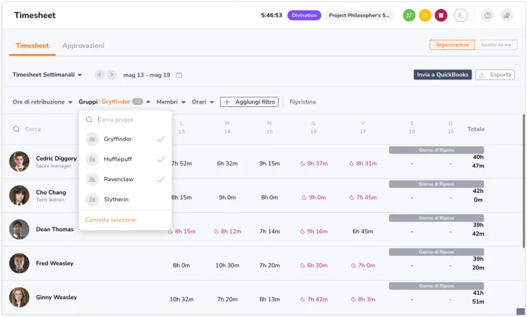 Timesheet filter selection