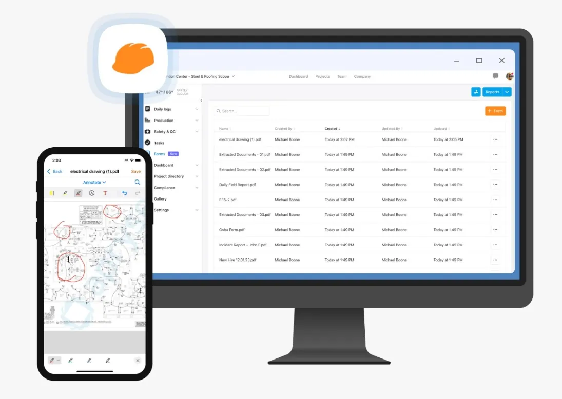 Construction documents and forms organized on the Raken software.