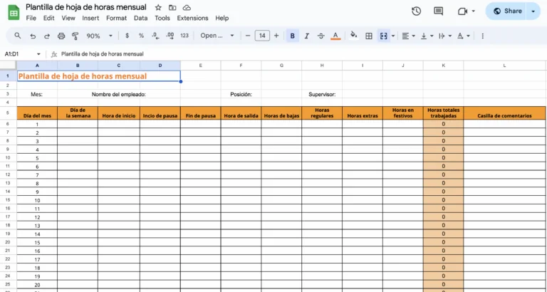 Plantilla de hoja de horas mensual