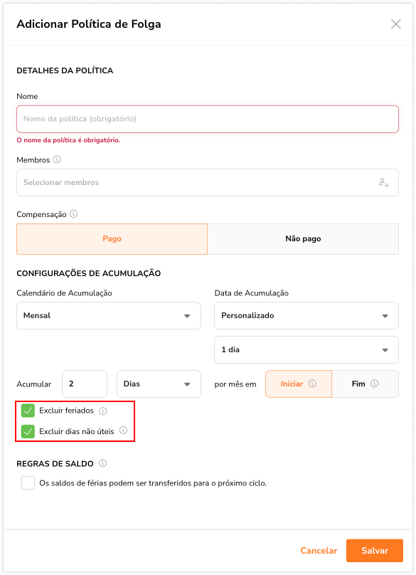 Time Off Monthly Accrual Exclude Holiday