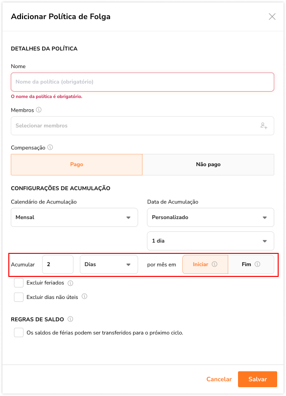 Time Off Monthly Accrual Setting