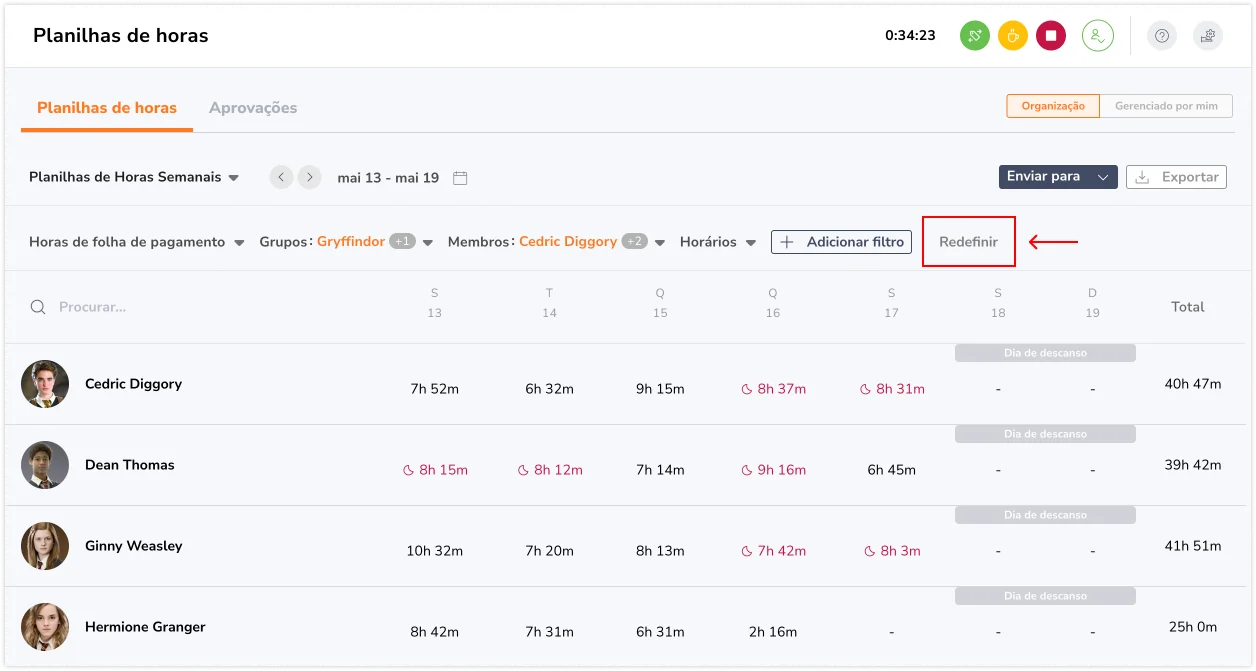 Timesheet Reset Filter