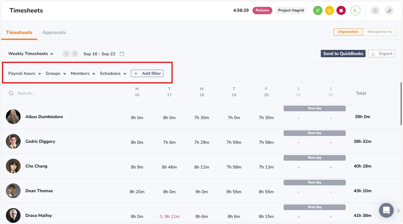 Filters on timesheets