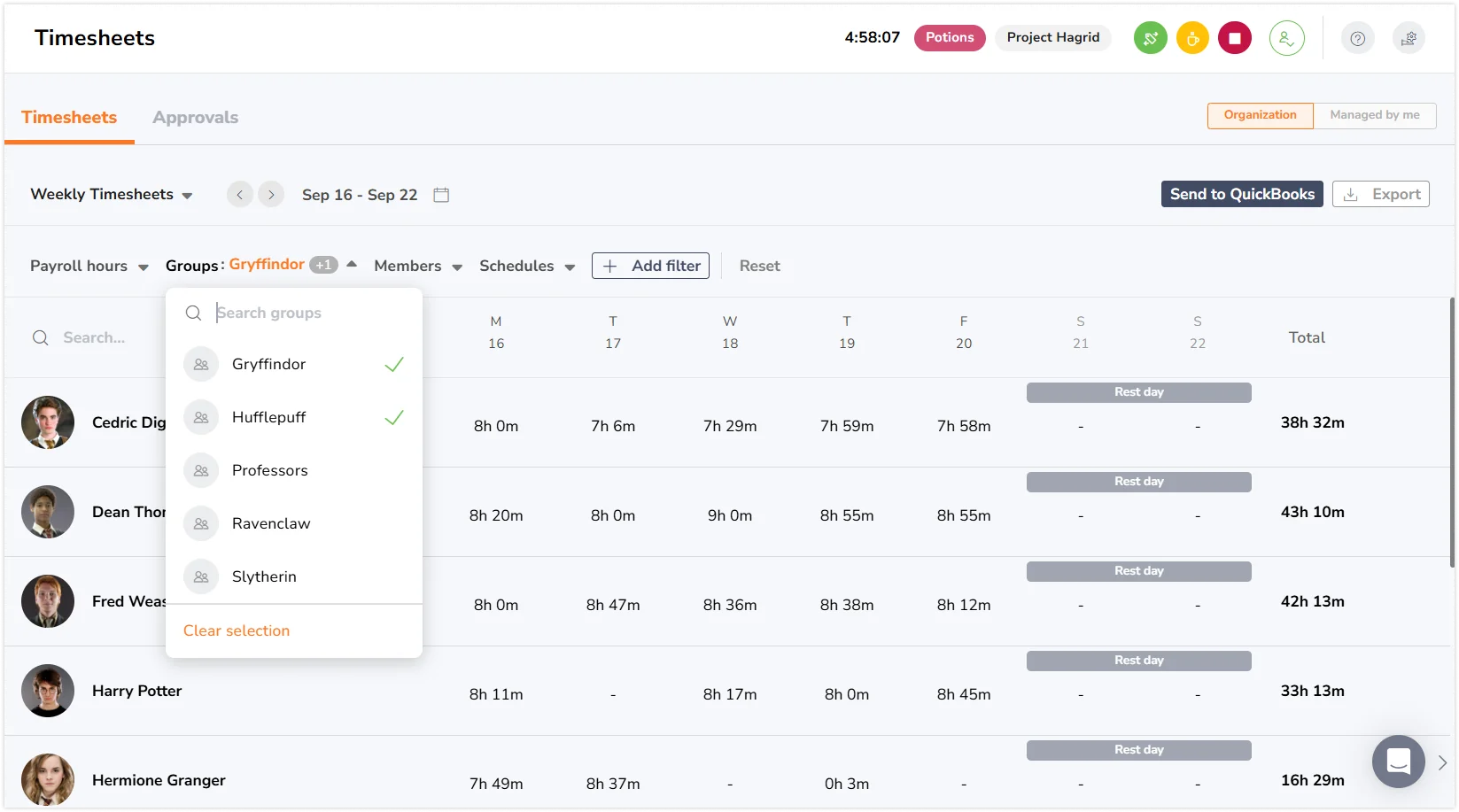 Selecting groups from filter dropdown