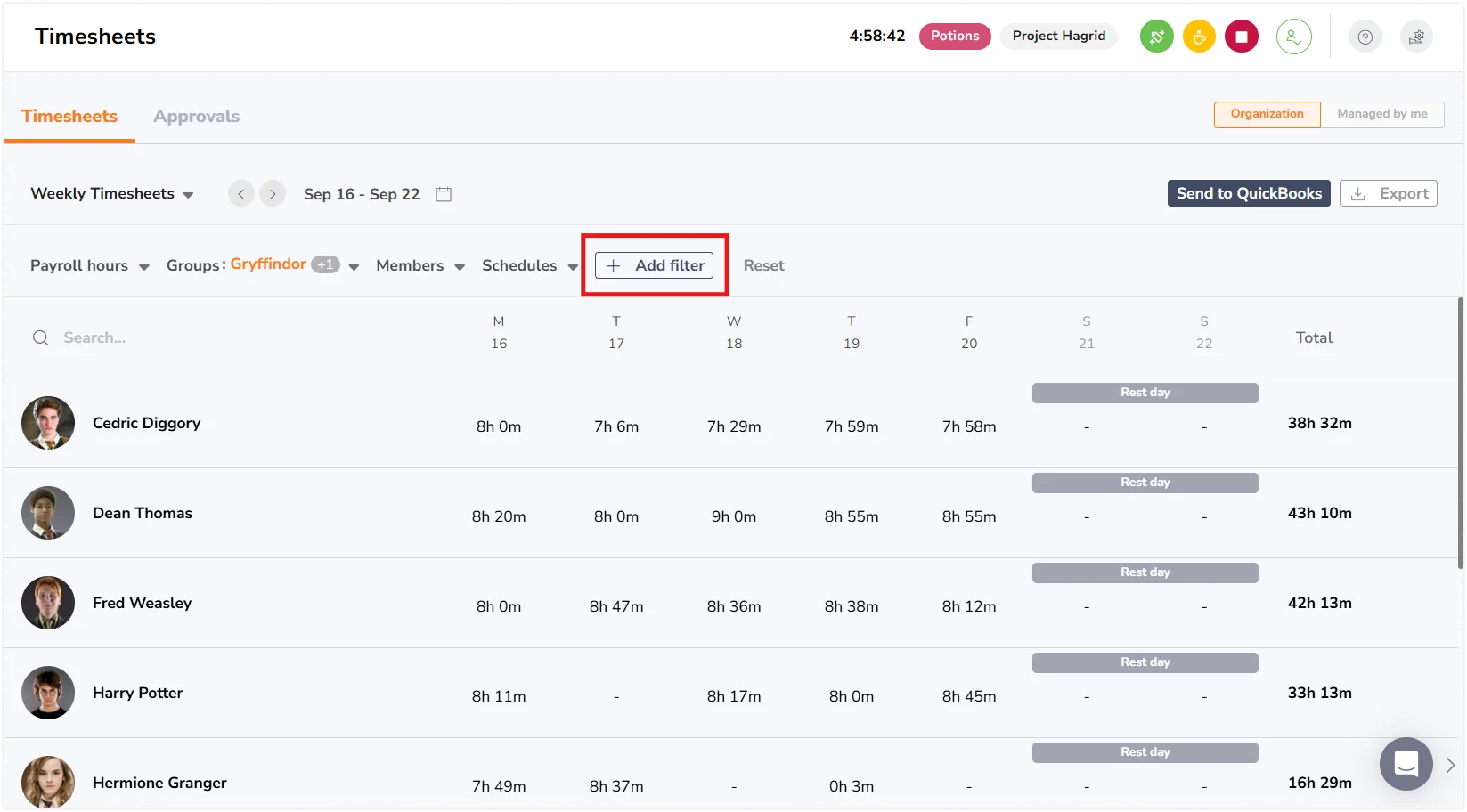 Add filter button on timesheets page