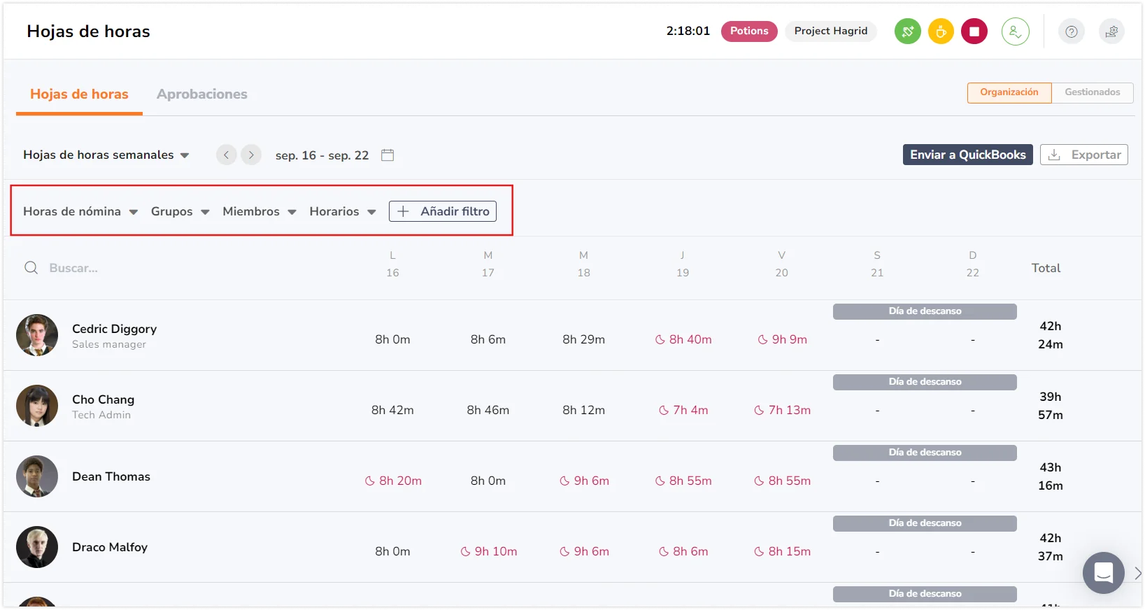 Filters on timesheet page