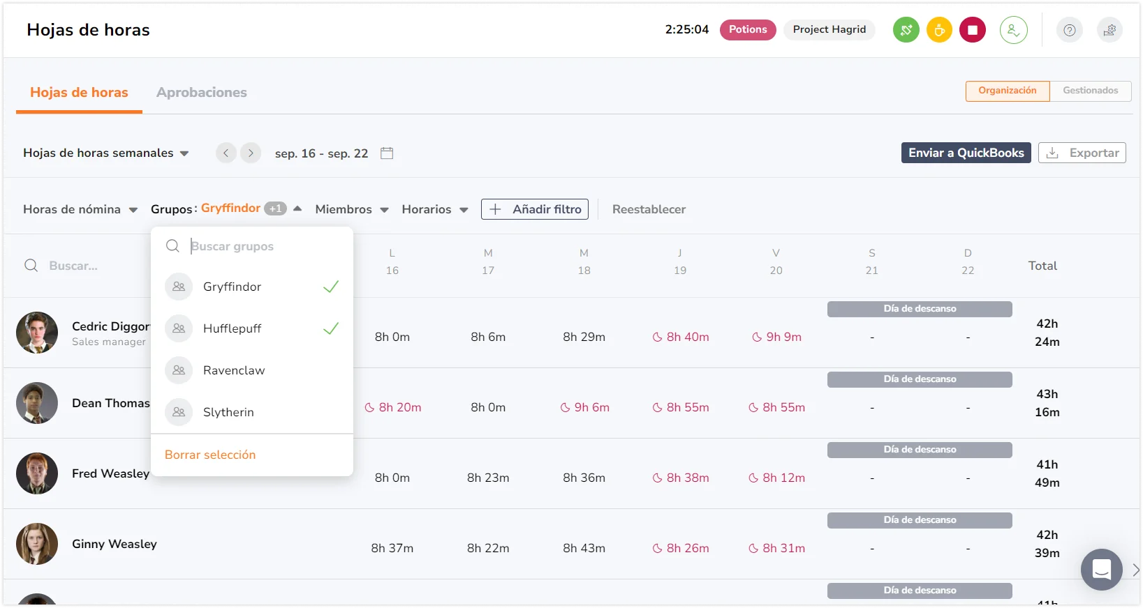 Selecting groups under filters on timesheet page