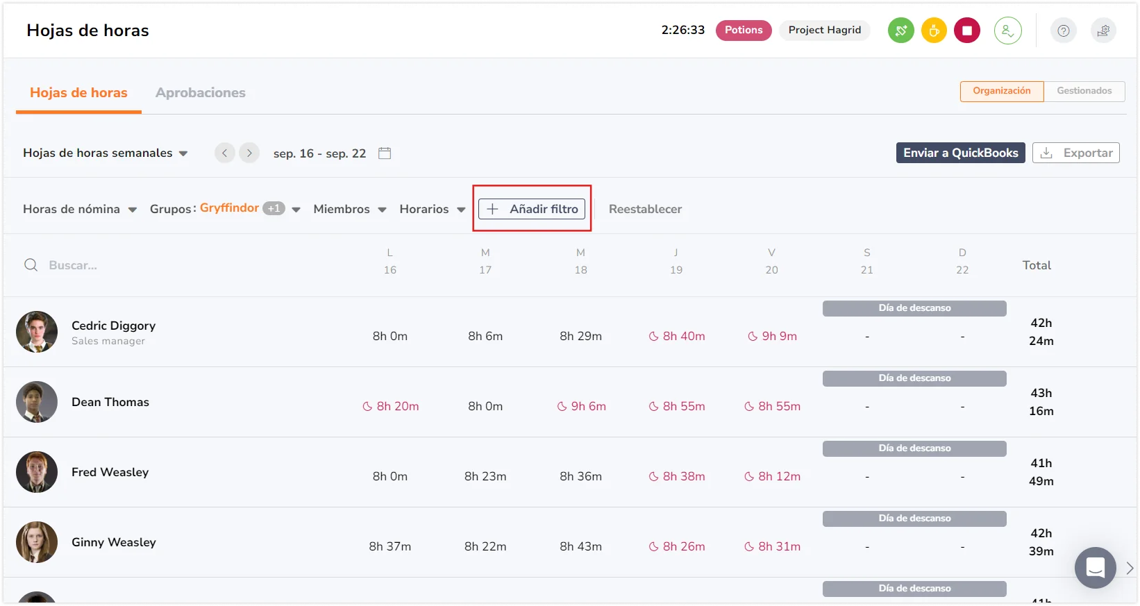 "Add Filter" on timesheets page