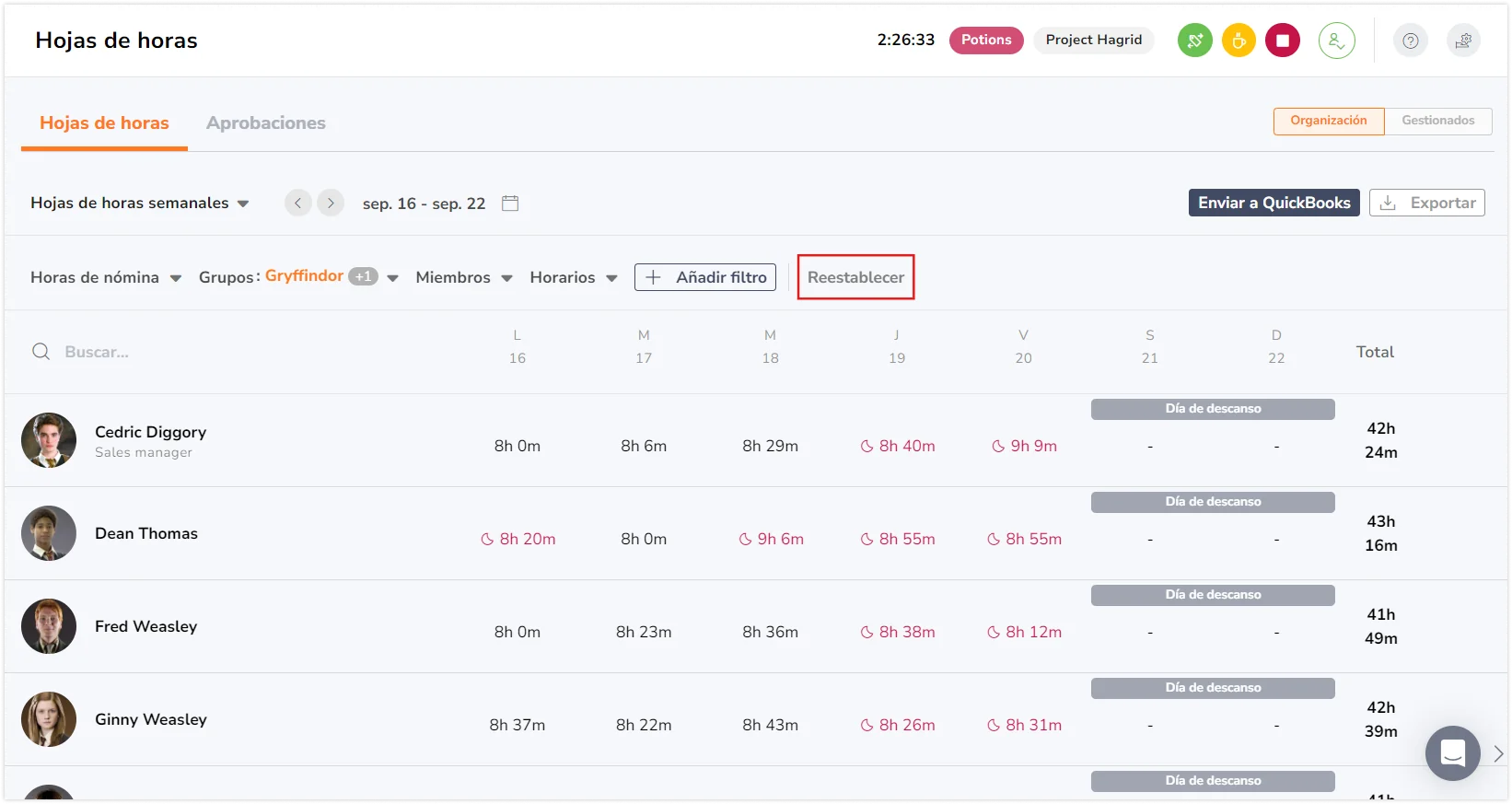 "Reset" button for filters on timesheets page