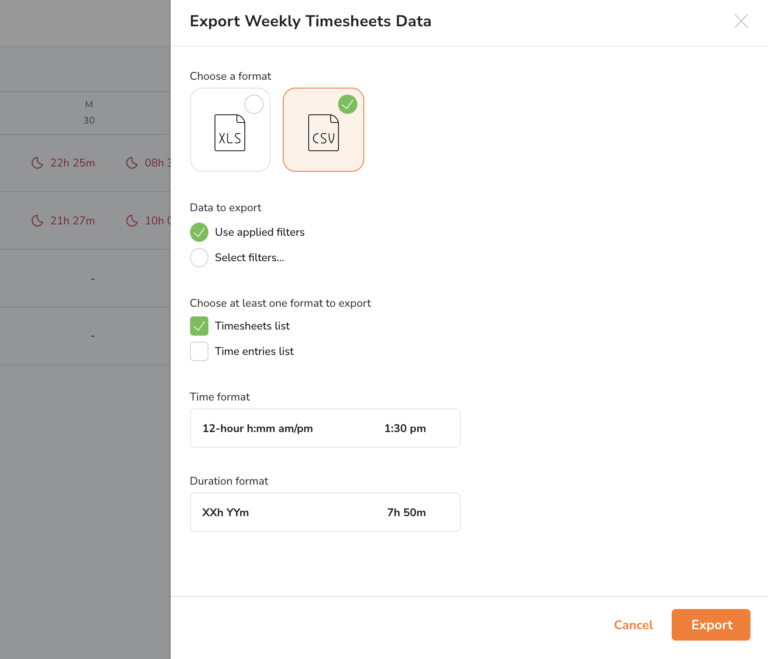 Esportazione dei timesheet in Excel e CSV.