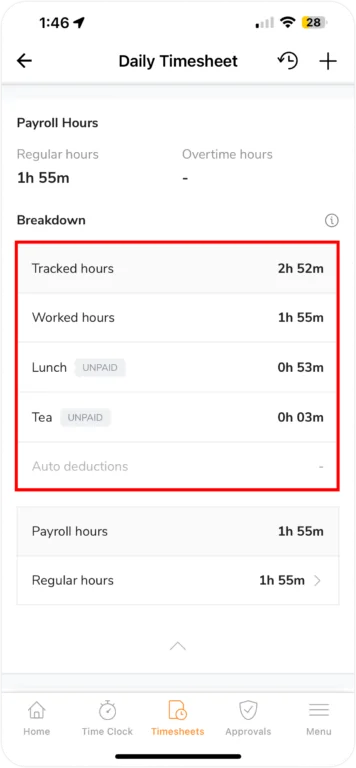 Breakdown for Break & Auto Deductions on Mobile