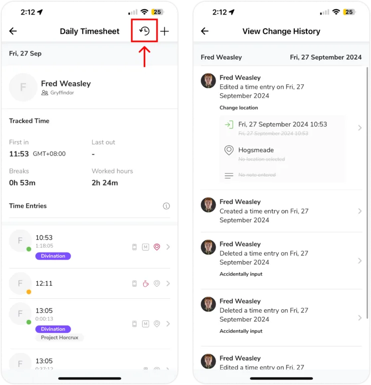 Timesheet Change History on Mobile