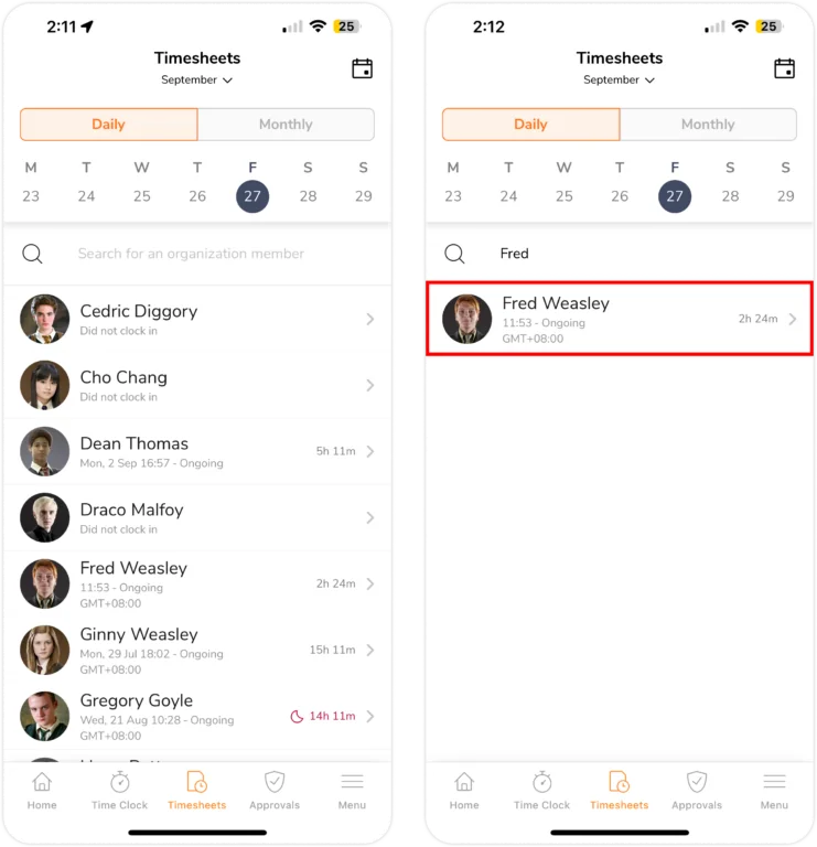 Search Member's Timesheet on Mobile