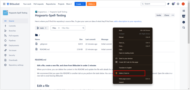 Clocking in via right click on Bitbucket