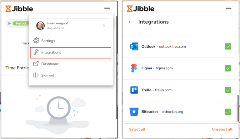 Bitbucket na guia de integrações na extensão do Jibble para Chrome