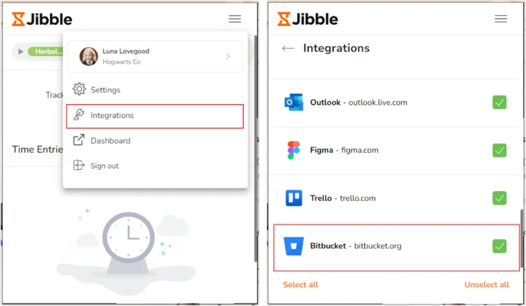 Bitbucket under integrations tab on Jibble chrome extension