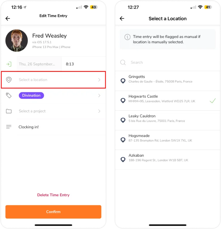 Editing Location for Time Entry on Mobile